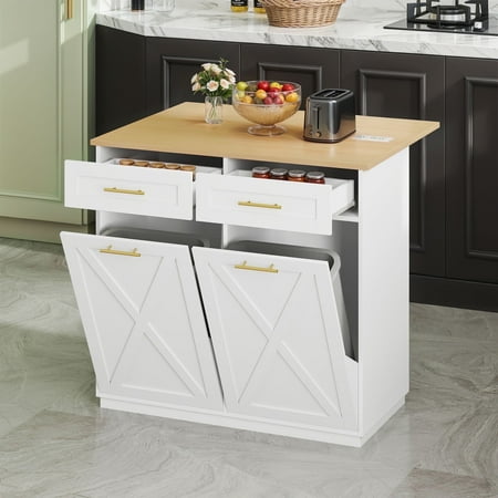 ModFusion 39" Multi-Function Kitchen Island with Foldable Top, 3-Tier Shelf & Tilt-Out Trash Storage