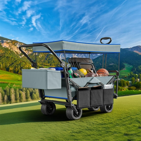 ModFusion Big Folding Wagon Cart with removable Canopy, strong for camping, shopping, sports, beach, Gray