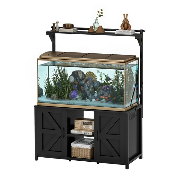 ModFusion Black Aquarium Stand for Tanks up to 120 Gallons  Heavy Duty Metal Frame with 1,100 lbs Capacity, Storage Cabinets, Power Strip, Hooks & Top Shelf