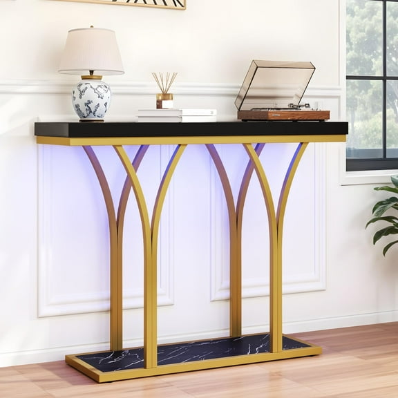 ModFusion Black Glossy Marble Entryway Table, Gold Powder-Coated Frame, LED Strip with Remote & Bluetooth Control, Adjustable Feet, 100 x 29.5 x 80 cm