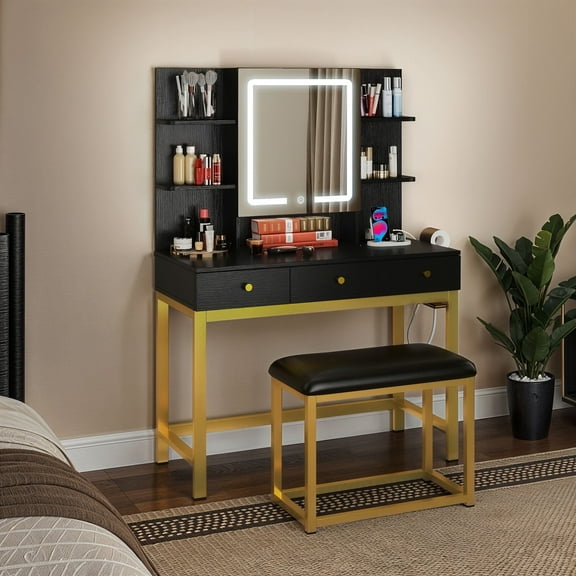 ModFusion Black & Gold LED Dressing Table with Stool, Tri-Color Touch Mirror, 3 Drawers, UL Certified Outlets, Hair Tool Hooks, PU Cushion