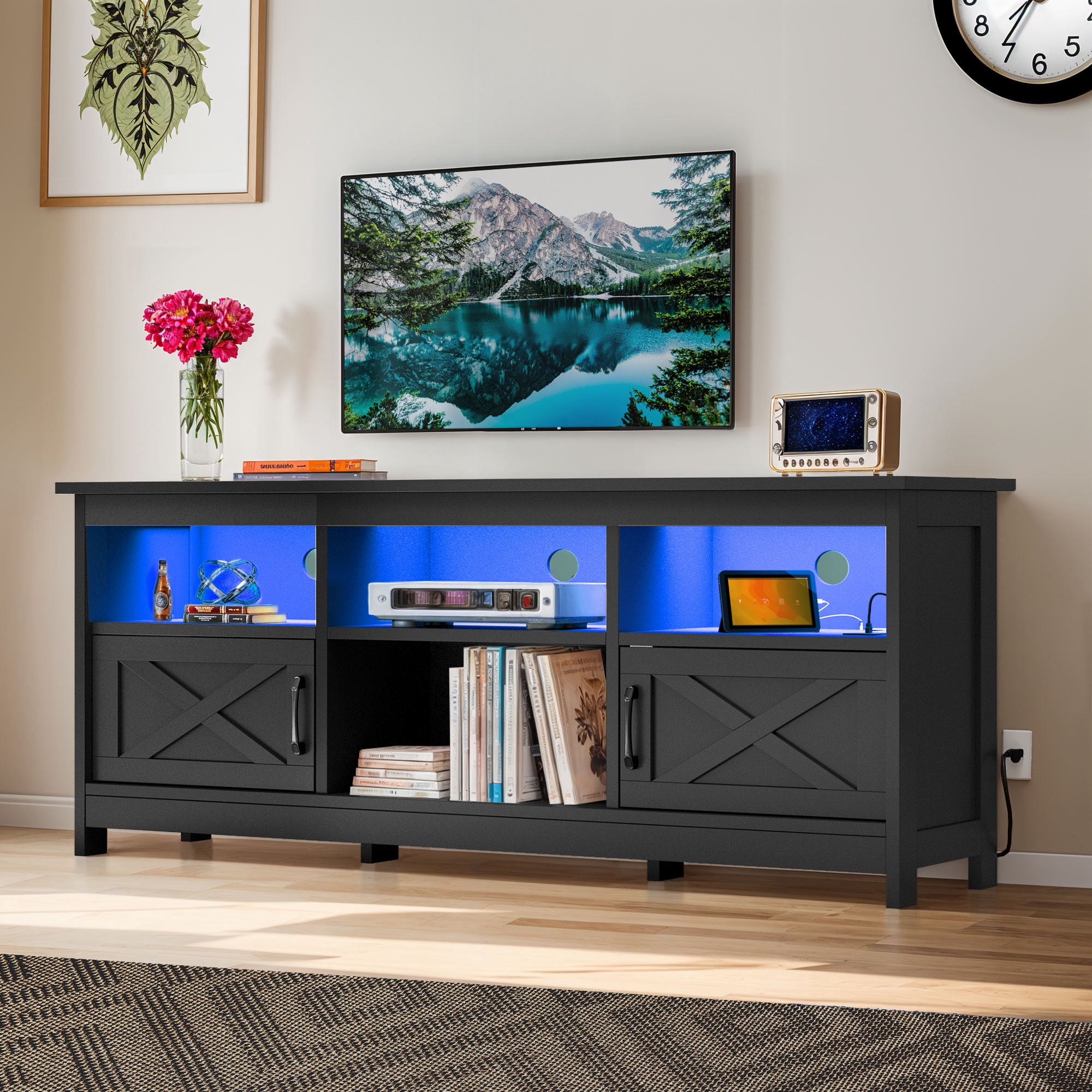 ModFusion 65" Black TV Stand with RGB LED Lights, Power Outlet, Adjustable Shelf & 4 Open Cabinets, Remote & App Control