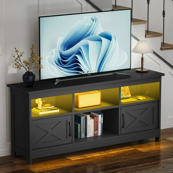 ModFusion 65" Black TV Stand with RGB LED Lights, Power Outlet, Adjustable Shelf & 4 Open Cabinets, Remote & App Control