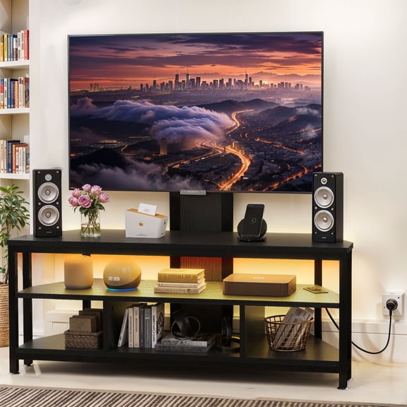 ModFusion Black TV Stand, 70" Screen Support, MDF & Metal Construction, 5 Adjustable Shelves, 330 lb Load Capacity, Freestanding Design