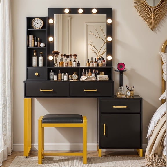 ModFusion Black Vanity Table with 9 Adjustable LED Bulbs, Gold Legs, and Power Strip - 110V, American Standard