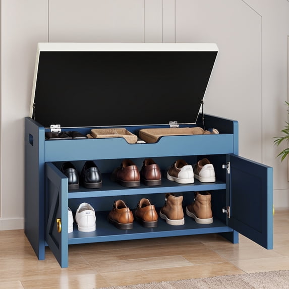 ModFusion Blue Shoe Bench Entryway Organizer with Flip-Top Seat, Padded Cushion and Storage Cabinet