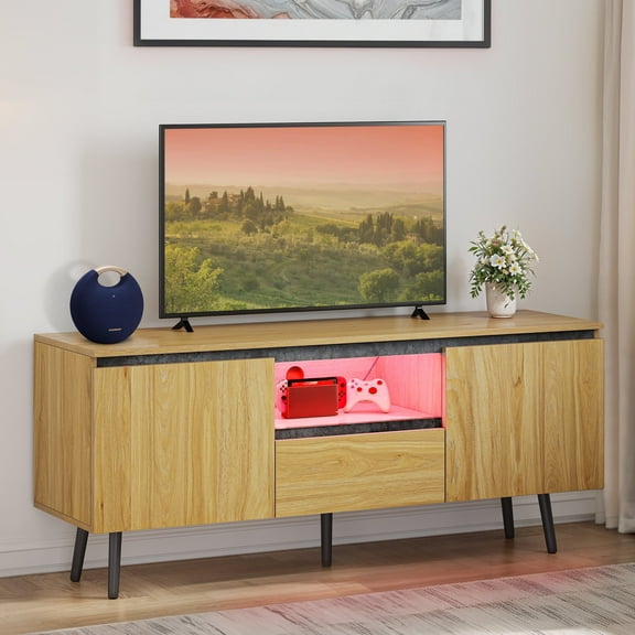 ModFusion Boho Modern TV Stand with Sliding Doors, Adjustable Shelves, LED Lights, and Drawers, Fits Up to 60" TVs, Light Wood Finish, 55.11" Long, Brown