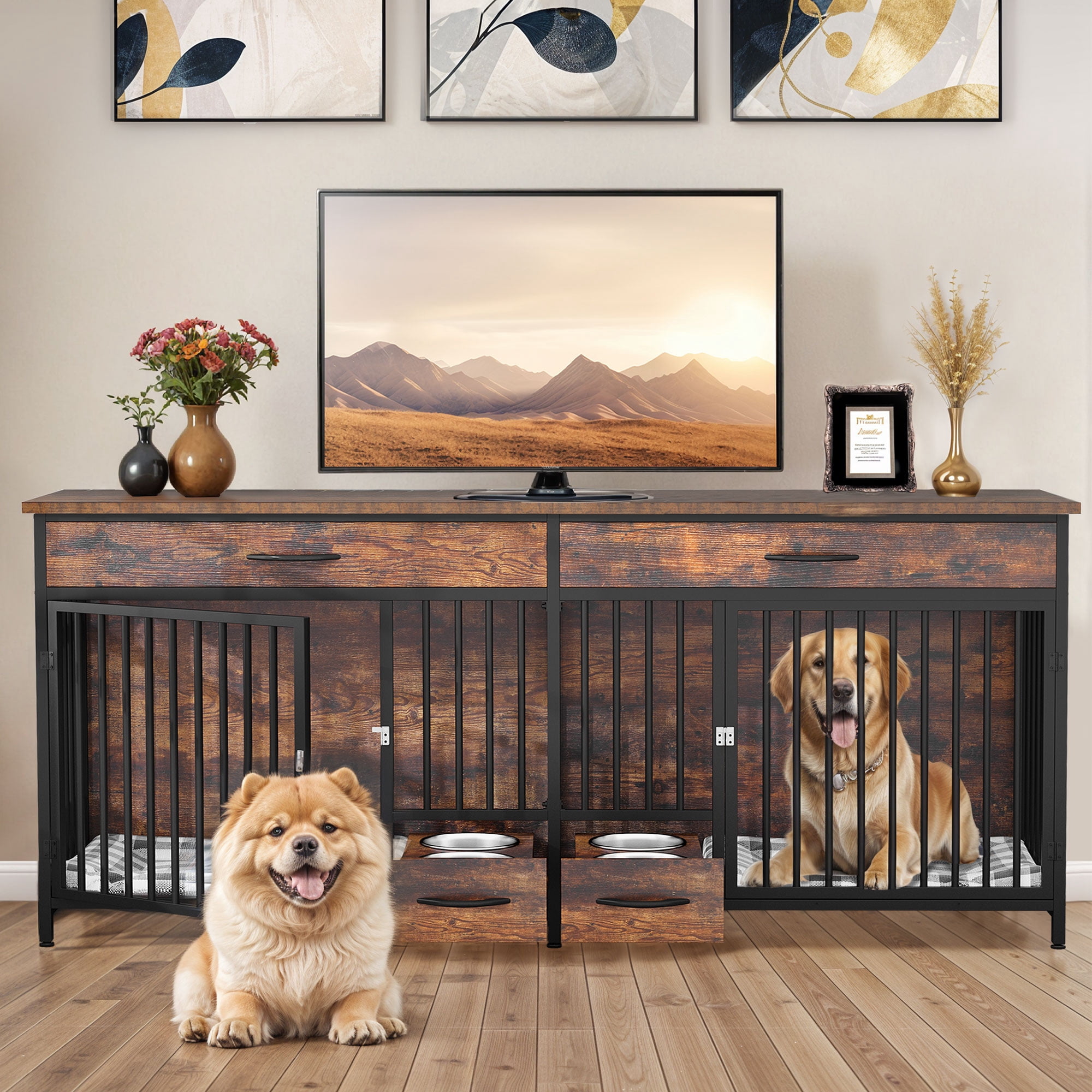 Image showcasing ModFusion Brown Multi-Functional Dog Crate Console - Hidden Dog Feeders ...