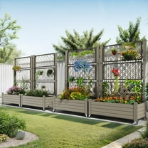 ModFusion Resin Planter Box with Drainage Holes, Rolling Wheels, 3.6 x 1.4 x 5 ft, Hanging Baskets Pot, Trellis Roof, Brown Plastic