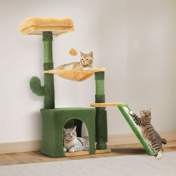 ModFusion Cactus 37" Cat Tree with Scratching Posts, Platform Nest, Hanging Balls, Sisal Ramp & Anti-Tip Device  Green/Yellow  Ideal for 2-3 Cats