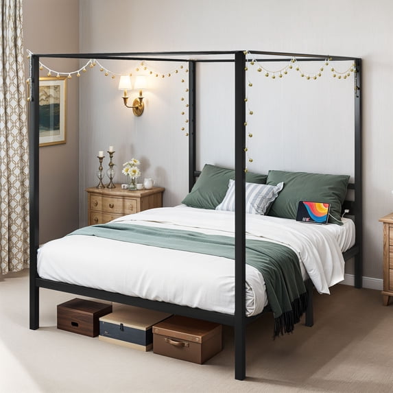 ModFusion Canopy Bed Frame with RGB Light Strip & Charging Station, Metal Queen Size Platform Bed with Built-in Headboard, Black