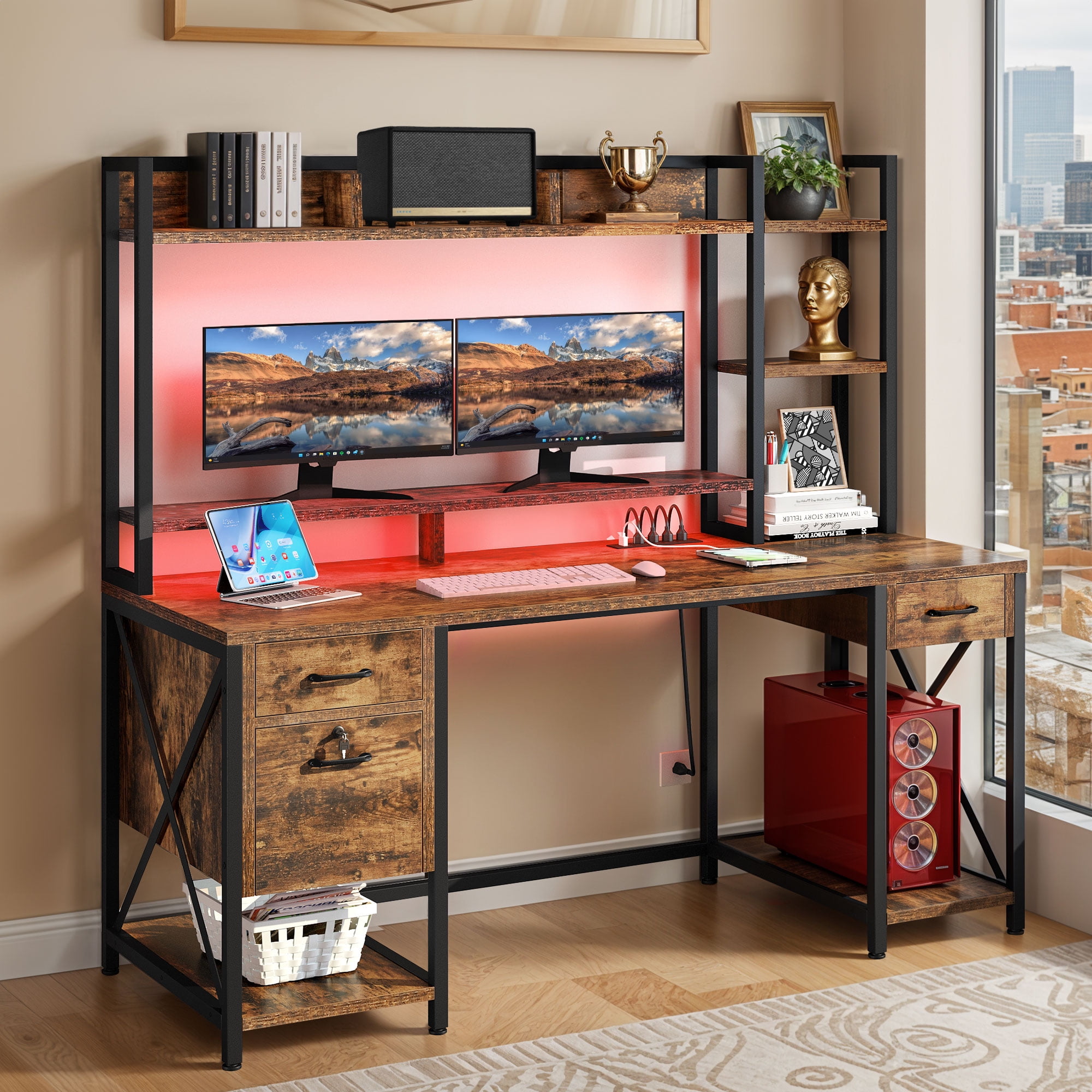 ModFusion Computer Desk with Shelves & LED Lights, Home Office Desk ...