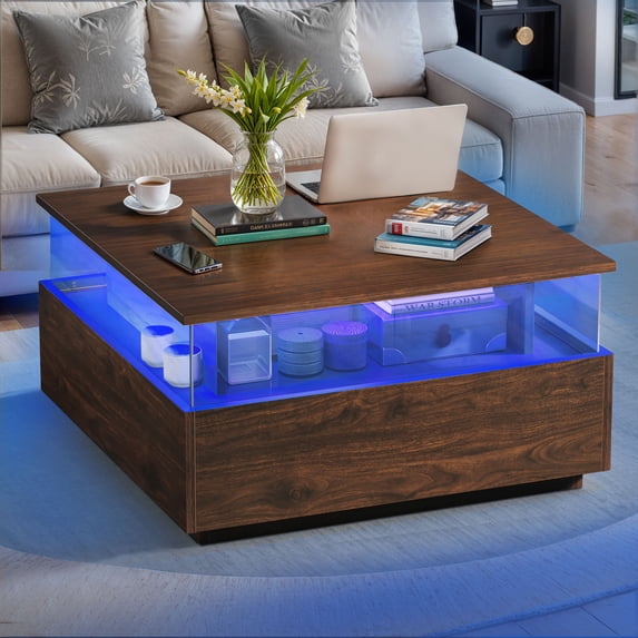 ModFusion Contemporary Square LED Coffee Table with 2 Drawers & Storage Shelf, Acrylic Center Table for Living Room Home Office, Brown