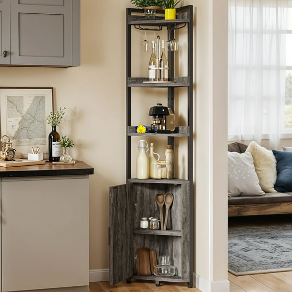ModFusion Corner Shelf with Wine Glass Holder,5-Tier Industrial Corner Bookshelf Bookcase Display Storage for Living Room Office