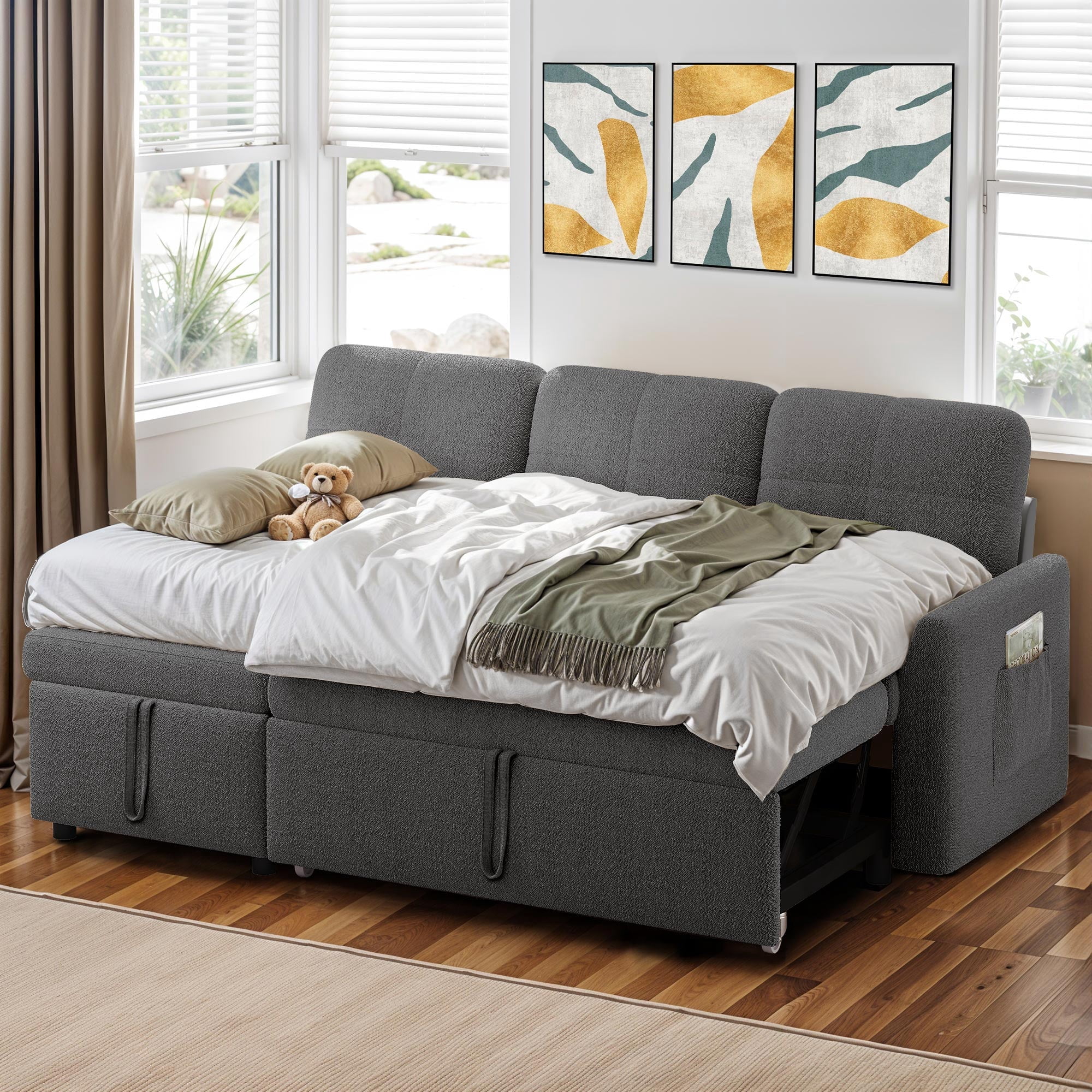ModFusion Dark Gray Velvet Sleeper Sofa Bed with Storage, Convertible Design, Soft Foam Fill