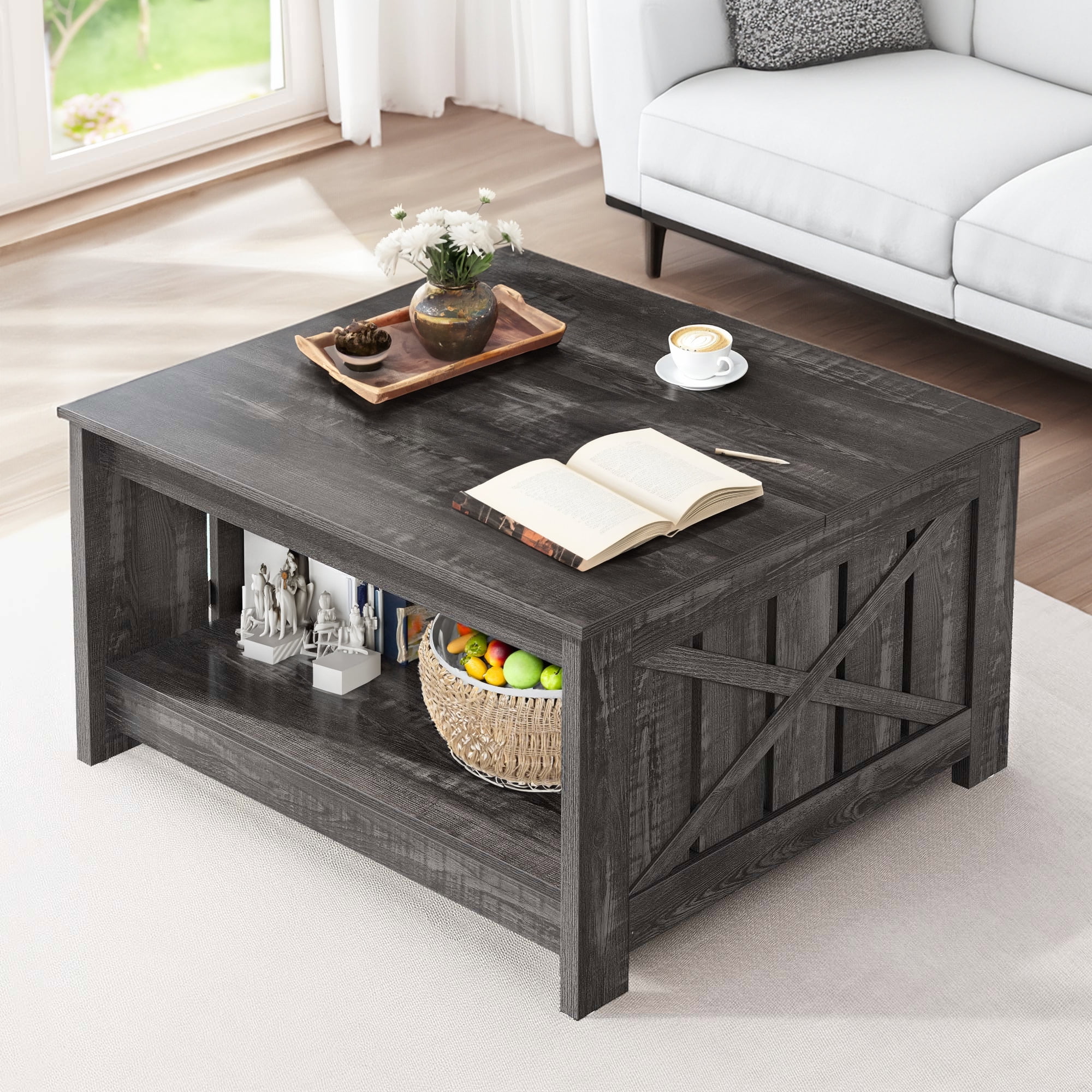 ModFusion Dark Oak Color Square Coffee Table with Storage and Barn Door ...