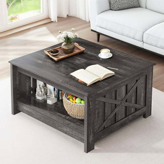 ModFusion Dark Oak Color Square Coffee Table with Storage and Barn Door Design for Modern Farmhouse Living Room Table