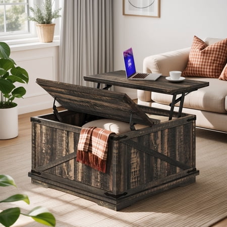 ModFusion Dark Rustic Oak Farmhouse Square Lift-Top Coffee Table with Center Table Storage Compartment and Barn Style Design for a Charming Country Look Living Room/Home Office