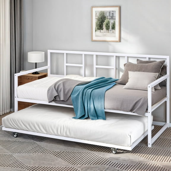 ModFusion - Daybed Twin Size with Pull Out Trundle/Steel Slat Support/Space Saving Adjustable Height Trundle Bed Easy Assembly, White