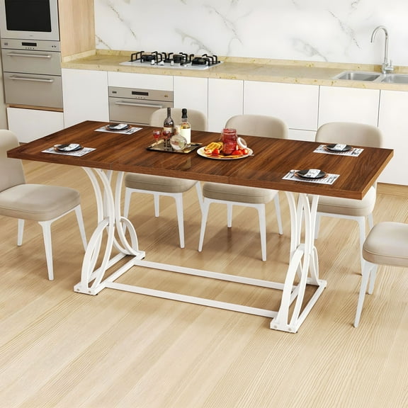 ModFusion Dining Table Set with Adjustable Feet, Stain Resistant Natural Wood Grain Table Top, White Metal Legs, Dining Room Kitchen, Brown Walnut