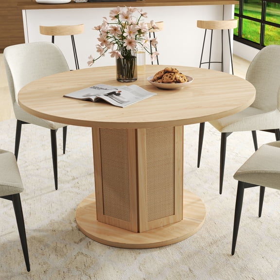 ModFusion Dining Table with Reinforced Frame, Non-Slip Foot Pads, Rattan Wicker, Small Kitchen Spaces Dining Rooms, Modern, Natural Oak Wood