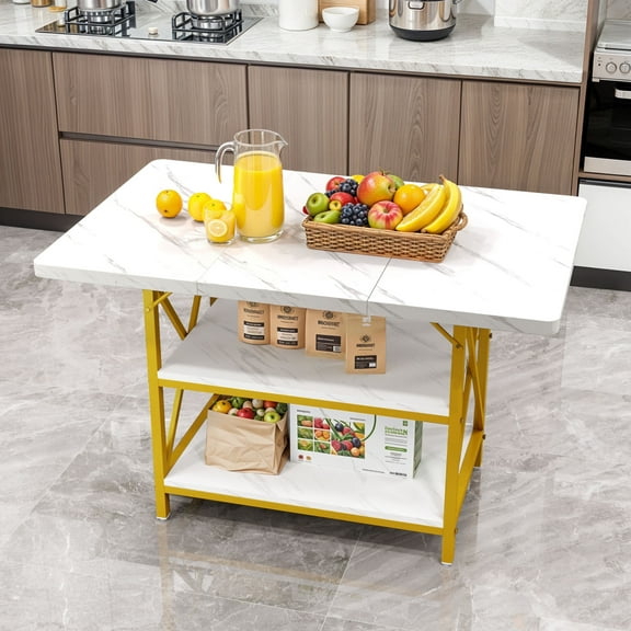 ModFusion Modern Dining Table with Scratch Resistant Marble, Storage Rack, Sturdy Metal Iron Frame, Rectangular Wooden Kitchen Island Furniture, White and Gold