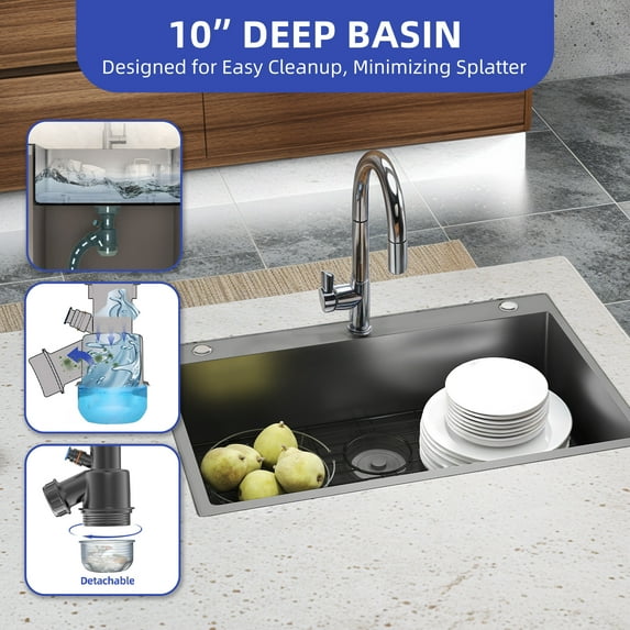 ModFusion Drop-In Kitchen Sink 33"x22" with Accessories, Nano Black Stainless Steel, Top Mount Deep Single Bowl, Utility Grid, Drain Kit, RV, Bar Basin