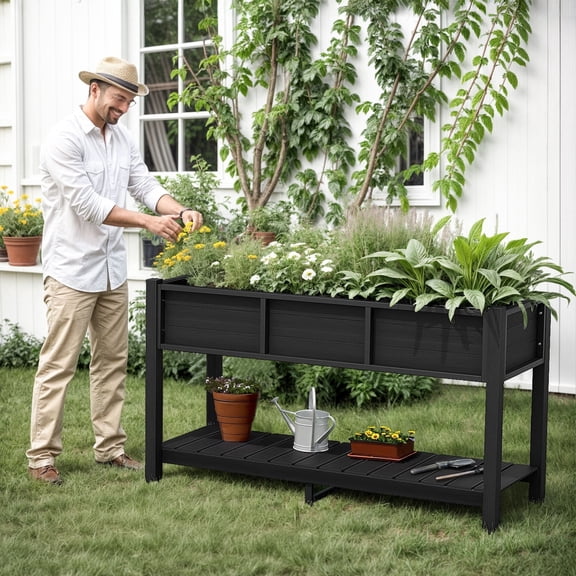 ModFusion Elevated Garden Bed Durable HIPS Wood, 2-Tier Shelf, Easy Assembly, Outdoor Use