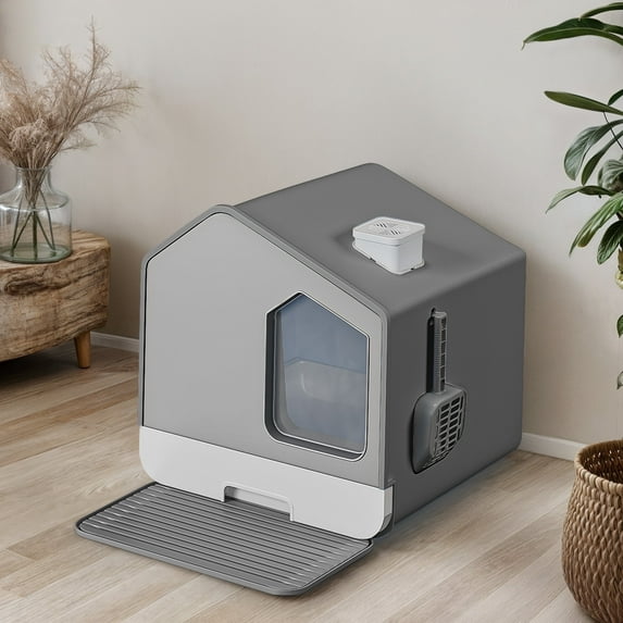 ModFusion Extra Large Enclosed Cat Litter Box, with Mat and Litter Scoop, Odorless Anti-Splashing Closed Litter Box, Gray
