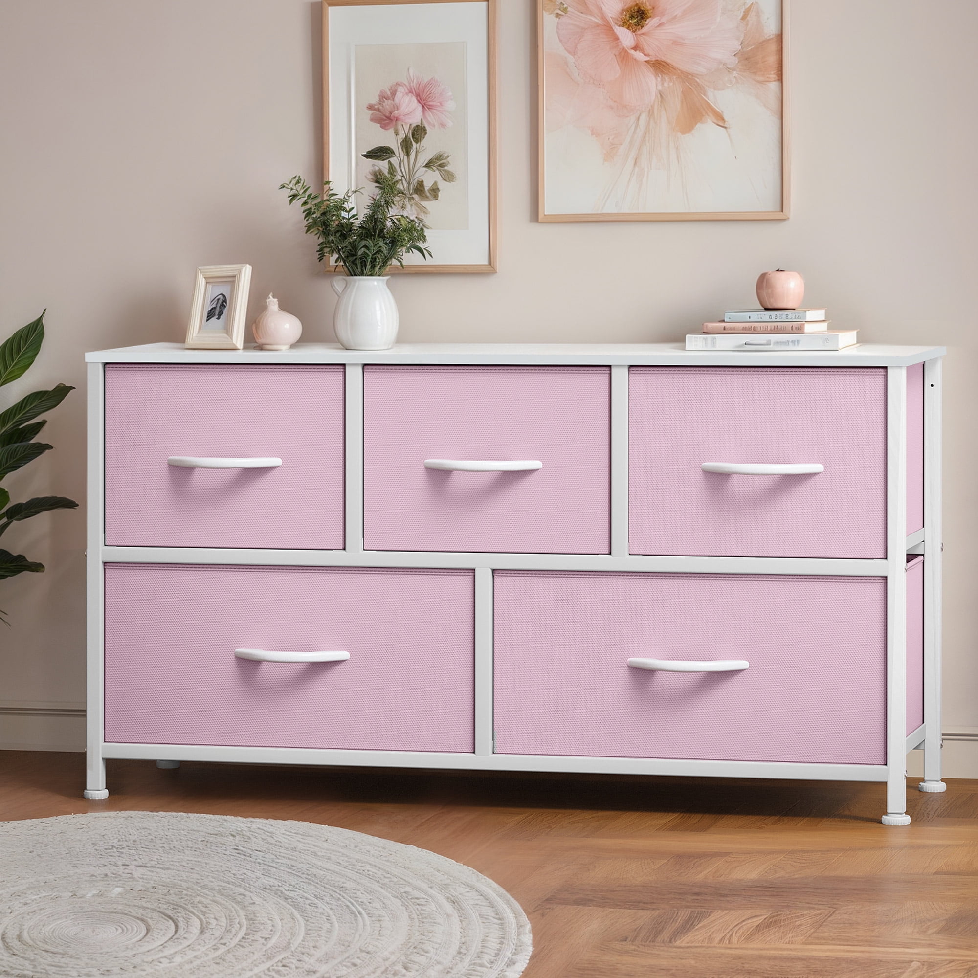 ModFusion 5-Drawer Fabric Dresser – Pink Storage Organizer for Adults & Teens, Bedroom & Living Room