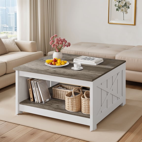 ModFusion Farmhouse Square Wood Coffee Table 31" Length, 2-Tier Open Storage for Rustic Home, White