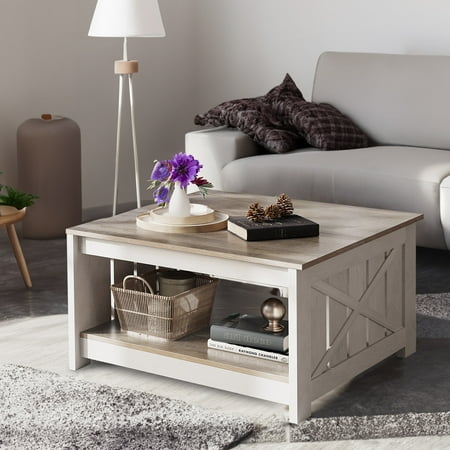 ModFusion Farmhouse Square Wood Coffee Table 31"W 17.7"H with Lower Storage for Rustic Home, Beige