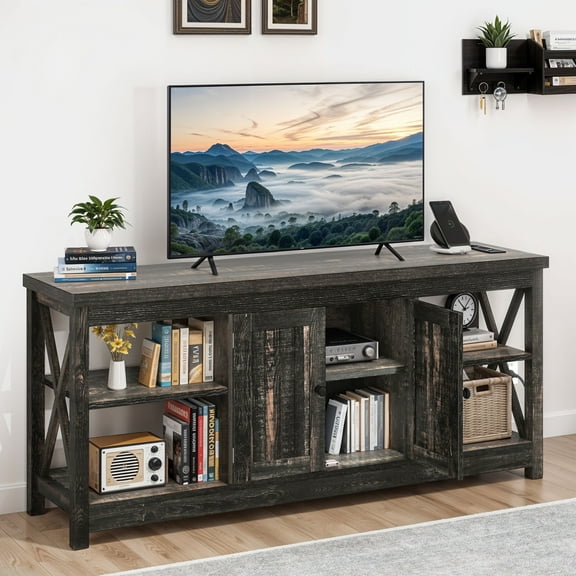 ModFusion Farmhouse TV Stand, Rectangular Design, 65" Screen Support, 59" Length, 4 Adjustable Shelves, 2 Barn Doors, 300 lb Capacity, Freestanding Media Console with Power Outlets
