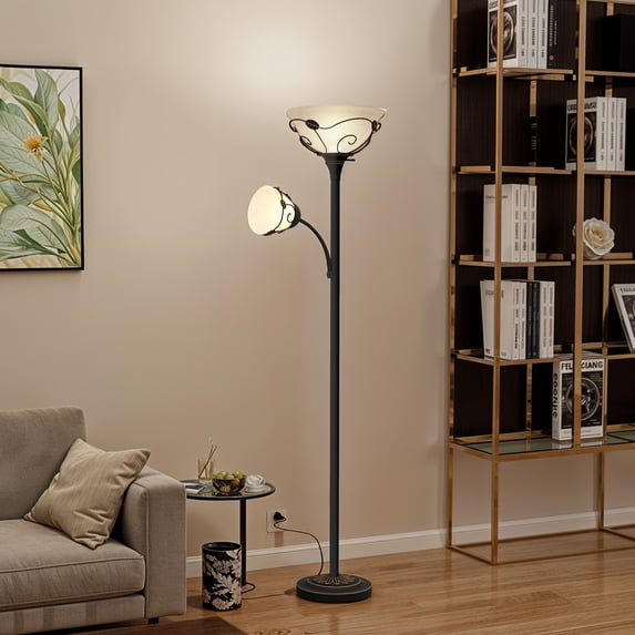 ModFusion Floor Lamp with Dual lampshades & Durable Iron & Glass, Black