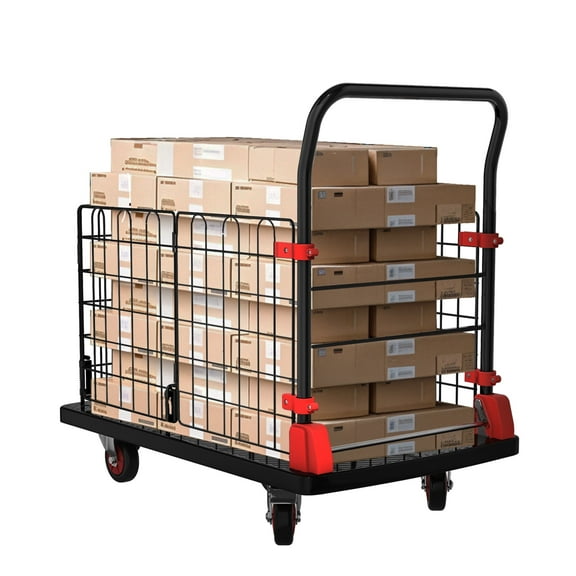 ModFusion Foldable HeavyDuty Platform Truck Cart, 880lb Capacity, Warehouse Flatbed Dolly with Removable Fence, Wheels