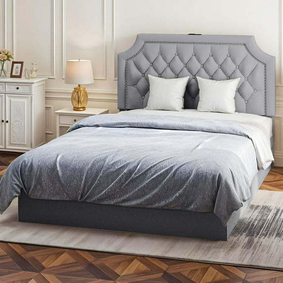 ModFusion Full Size Bed Frame, Upholstered Bed Frame with Charging Station & Storage Drawers, Gray