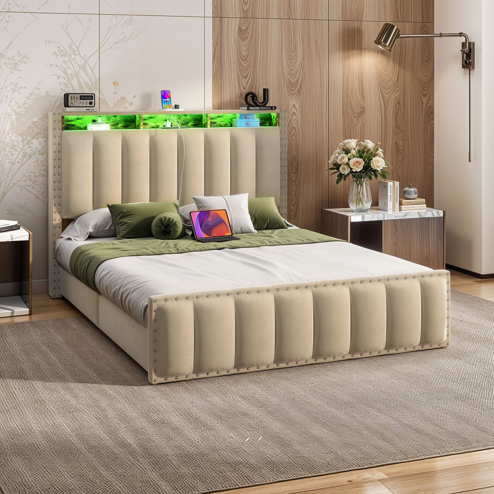 ModFusion Full Size High Backrest Bed Frame with LED Lights, USB Ports ...