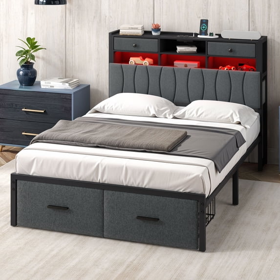 ModFusion Full Size Modern Upholstered Platform Bed with 6 Storage Drawers & Open Shelves, Iron Wood Bed frame with Charging Station & LED Ligting, No Box Spring Needed, Dark Gray