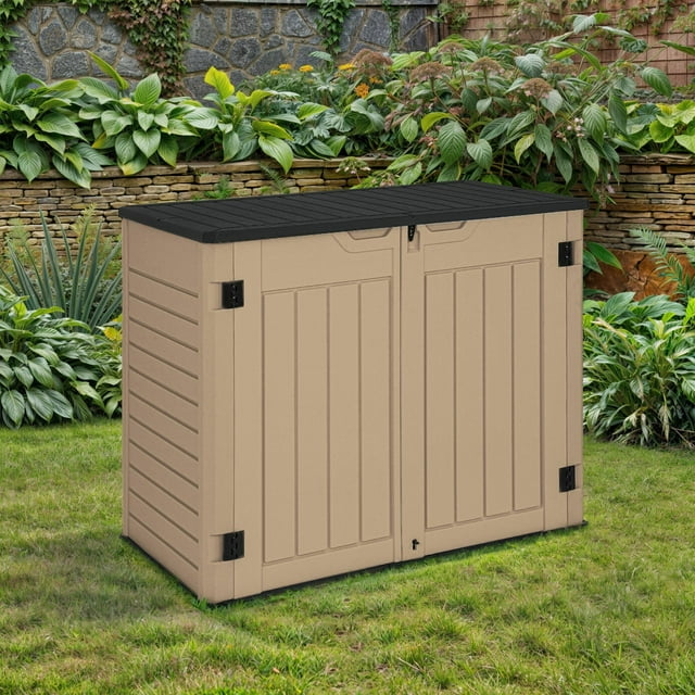 ModFusion Garden Resin Storage Shed, 35 cu ft, 2 Door, Lock, Metal Support Rod, Floor, Deck Box, for Trash Can, Brown