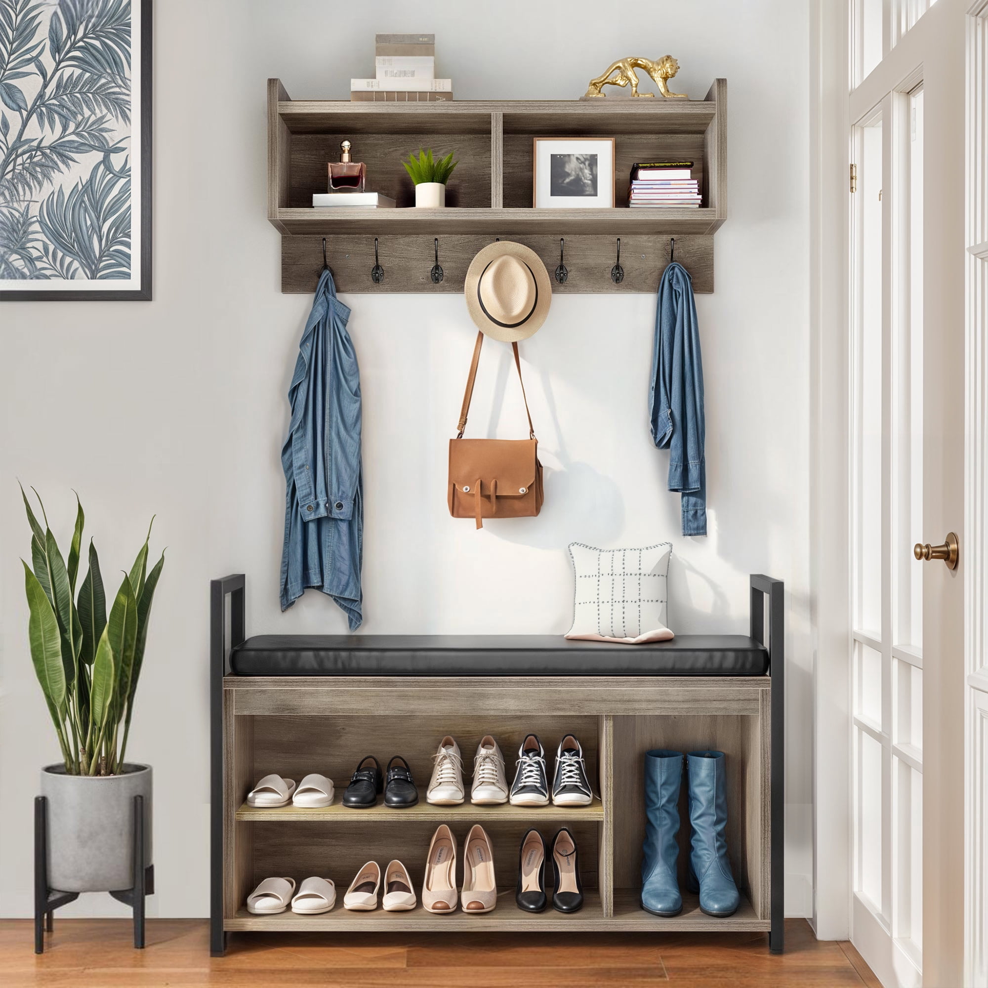 Coat Rack Shoe Rack Combo ModFusion Gray Wood Grain Entryway Coat Rack with Shoe Storage Bench ...