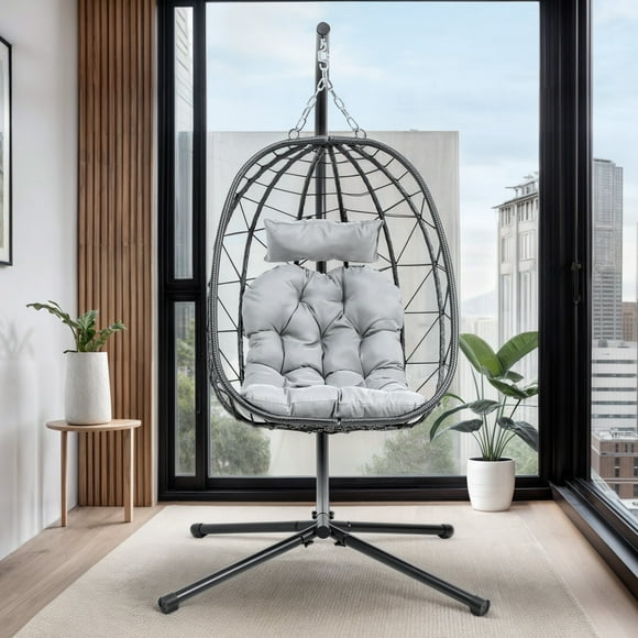 ModFusion Hanging Egg Swing Chair Wicker Hammok Indoor and Outdoor with Steel Stand UV Resistant Capacity 350lbs for Patio Garden Balcony, Gray