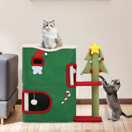 ModFusion Holiday Cat Condo with Christmas Tree - 25" Festive Cat Tower, Scratching Posts, Hideaway, Green, Sisal