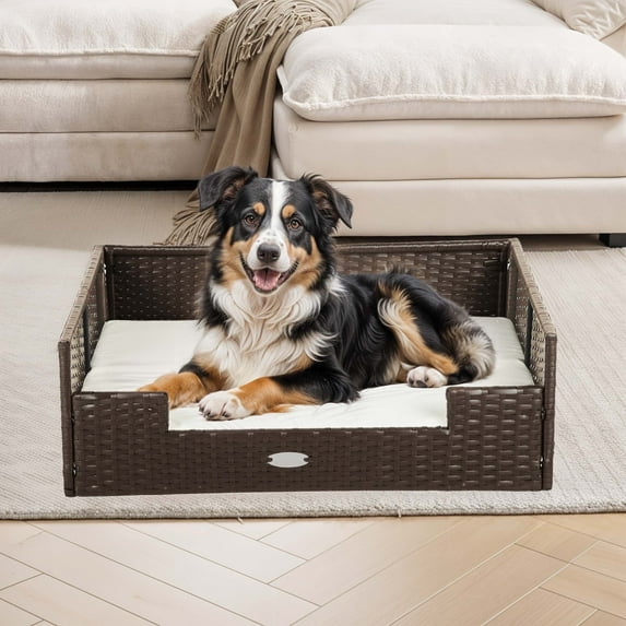 ModFusion Indestructible Wicker Dog & Cat Bed with Removable Cushion, PP Rattan Woven Pet House