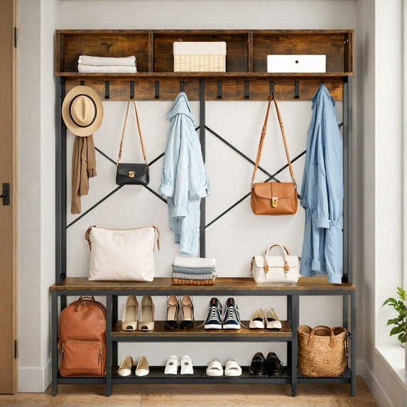 ModFusion Industrial Entryway Coat Rack with Storage Bench, 5-in-1 Hall Tree with 10 Hooks, Metal Frame, Brown