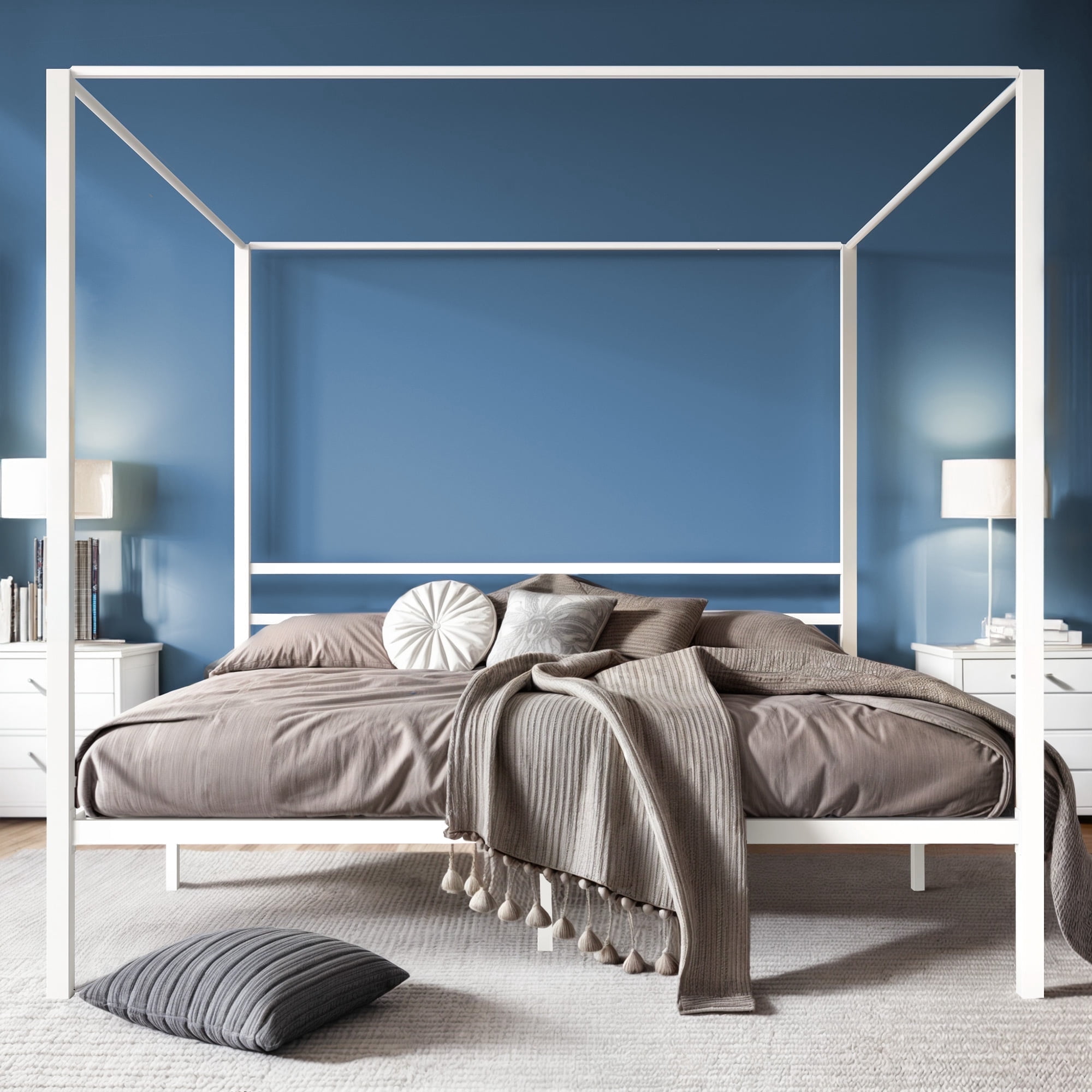 ModFusion – King Size 14 Inch Canopy Bed Frame , Build in Headboard and Strong Metal Slat and No Box Spring Required , White