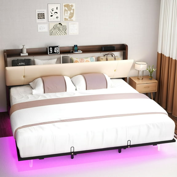 ModFusion King Size Bed Frame with Faux Leather Backrest Double Storage, LED Light Strips & Charging Ports, Beige