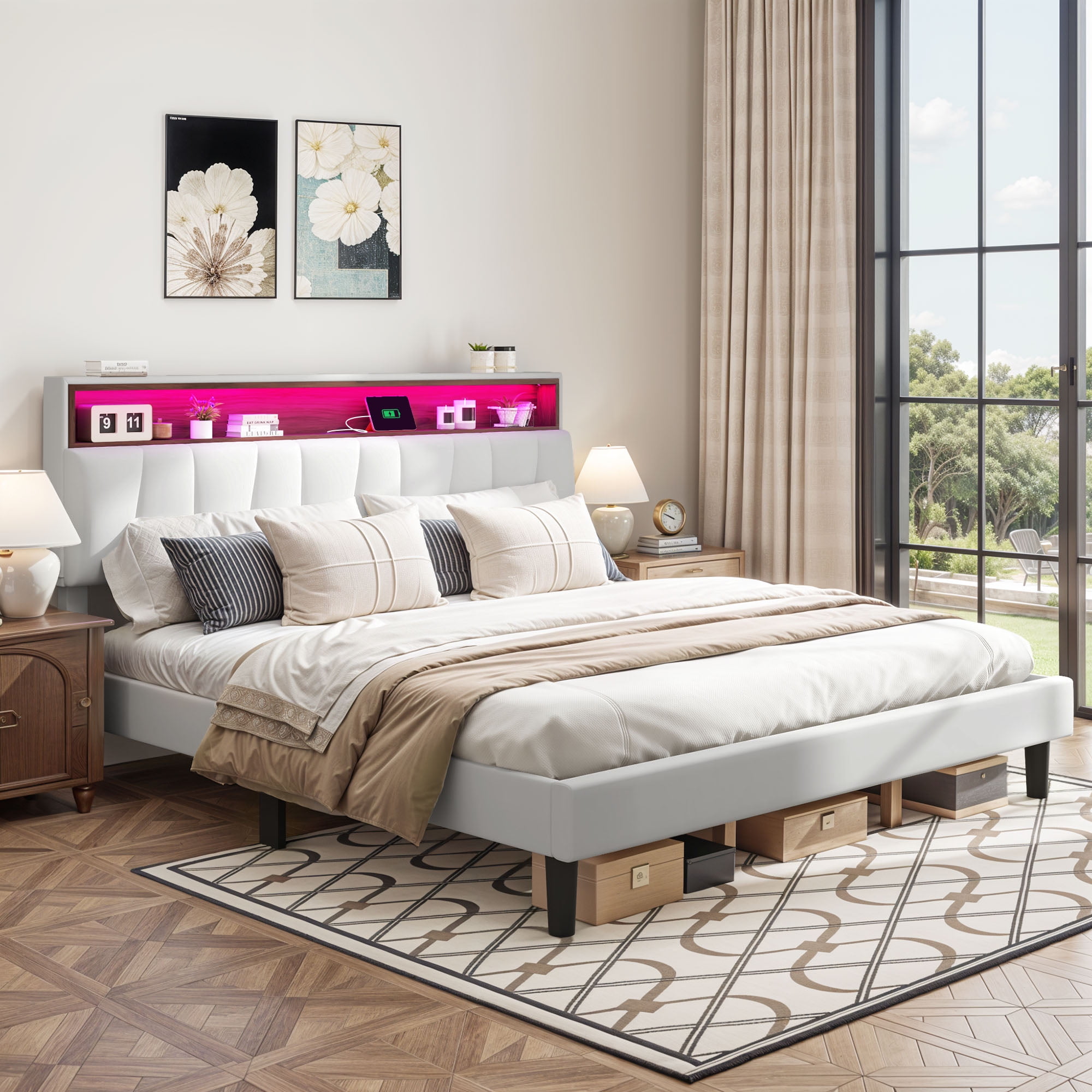 ModFusion - King Size LED Platform Bed Frame, Headboard Shelves USB