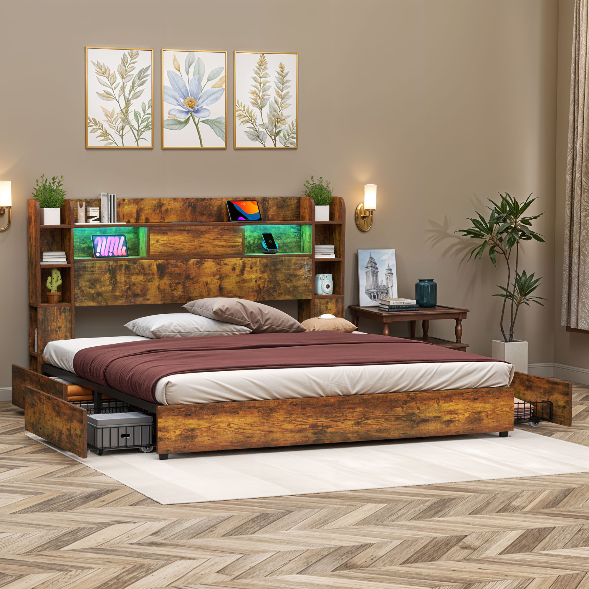 ModFusion King Size Rustic Double-Layer Backrest Storage Bed Frame with ...