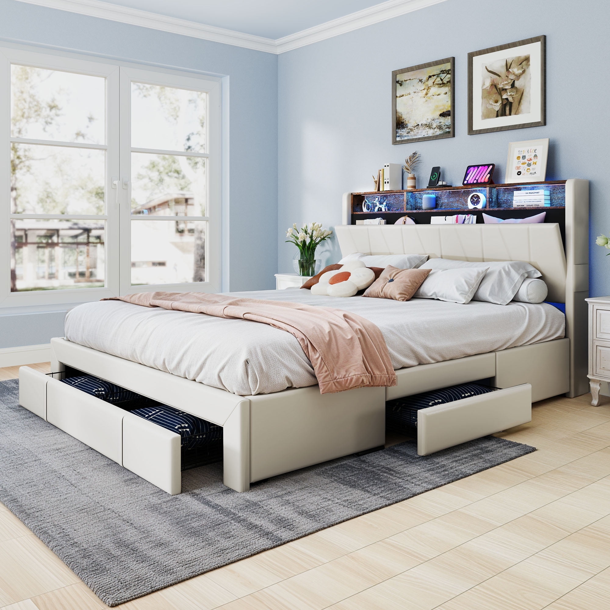 ModFusion King Size Upholstered Bed Frame with Velvet Headboard & Footboard, Built-in Storage, RGB Light Strip, Power Outlets, Beige