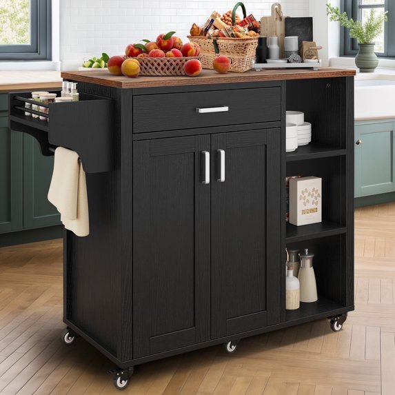 ModFusion Kitchen Cart, Two-Door, Rolling Island with Drawer, Shelves, Spice, Wine Racks, 34.84" Length